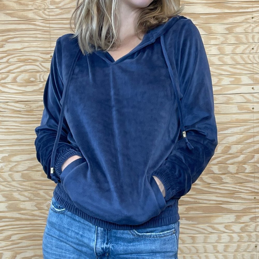 Michael Kors Fuzzy Blue Hooded Sweatshirt with Gold Accents
